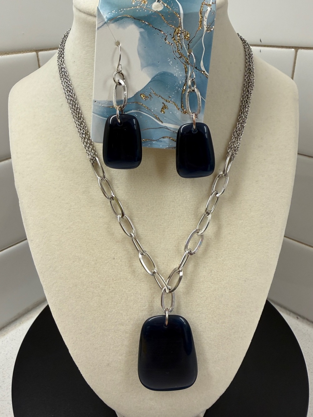 Lane Bryant  Chain Necklace & Earrings Set with Navy Blue Pendant
